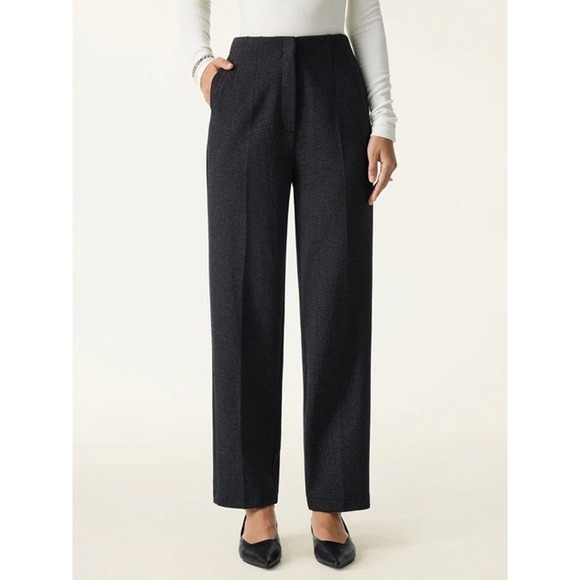 OGL Herringbone High Rise Tapered Leg Trousers Pockets Onyx Black S Small New